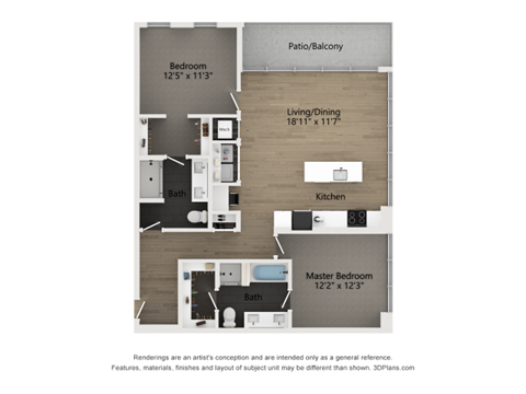 Floor plan for 2 beds, 2 baths, 1230 sqft